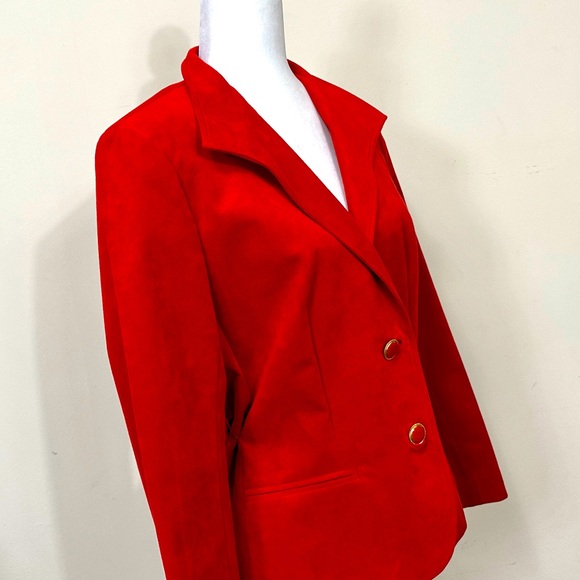 NEW VINTAGE Cherry Red Faux Suede Coat Straight Skirt Zipper 2 pc Jacket Suit 12 - Picture 3 of 14
